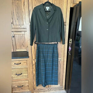 Vintage Pendleton Wool Green Blue Plaid Skirt Suit Set Blazer 100% Virgin Wool